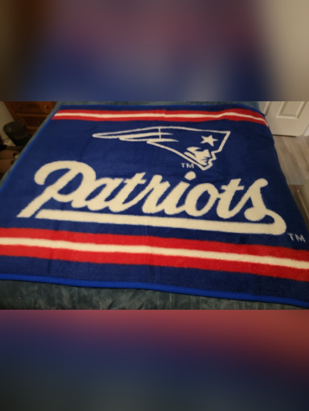Cozy Biederlack New England Patriots blanket. Approximately 50x60